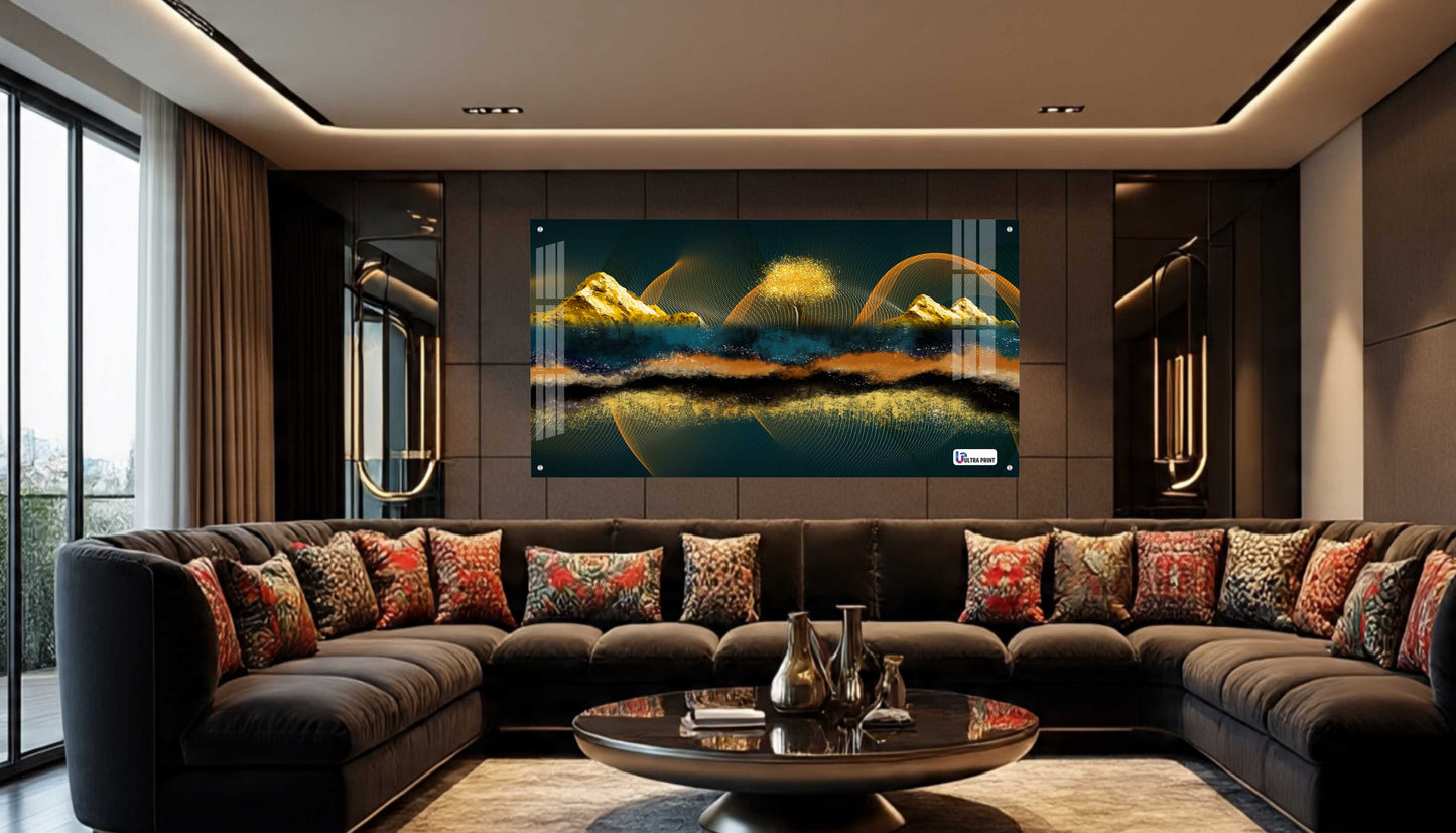 Golden Abstract Mountain Panorama Acrylic Wall Art