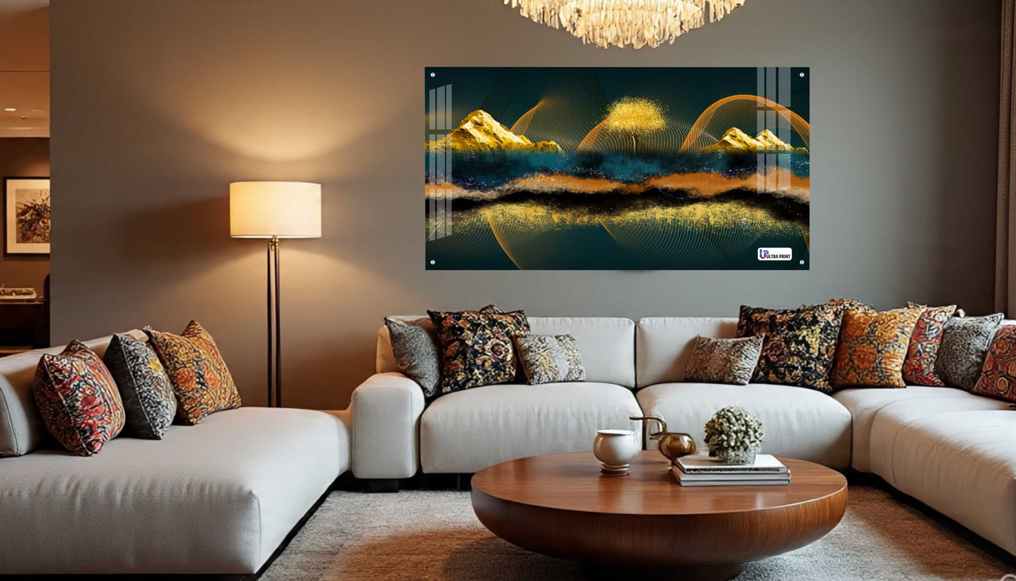 Golden Abstract Mountain Panorama Acrylic Wall Art